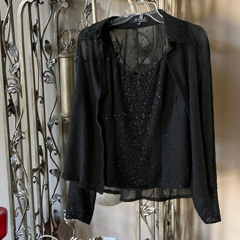 J Kara Black Sheer Embellished Blouse
